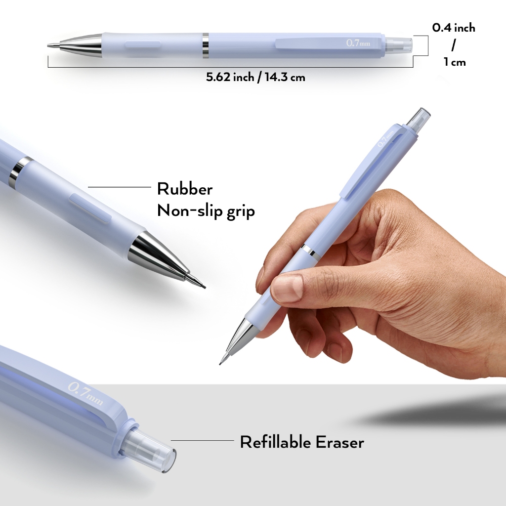 Nicpro 3 bút chì cơ 0,7mm kèm 6 ruột chì HB, tẩy 3 chiếc, vỏ bọc