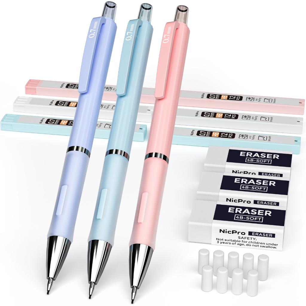Nicpro 3 bút chì cơ 0,7mm kèm 6 ruột chì HB, tẩy 3 chiếc, vỏ bọc