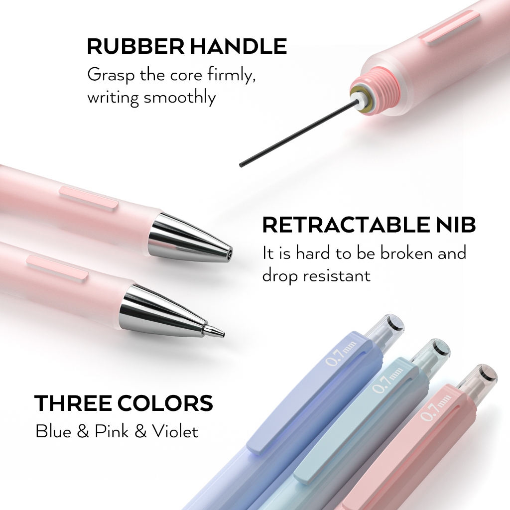 Nicpro 3 bút chì cơ 0,7mm kèm 6 ruột chì HB, tẩy 3 chiếc, vỏ bọc