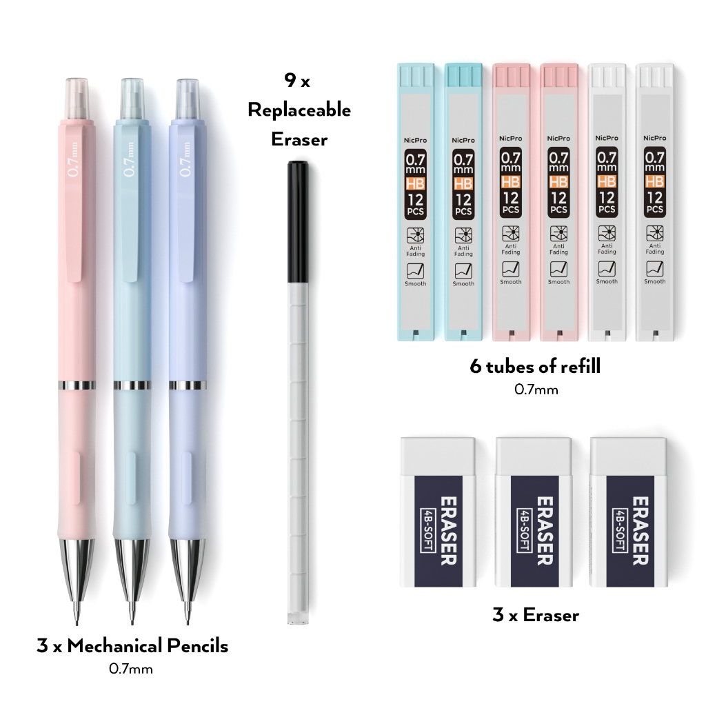 Nicpro 3 bút chì cơ 0,7mm kèm 6 ruột chì HB, tẩy 3 chiếc, vỏ bọc