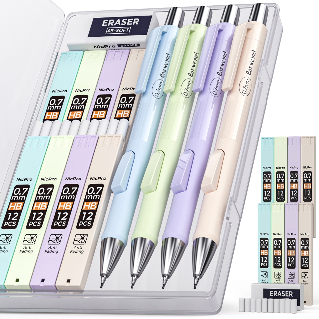 Nicpro 4 Bút Chì Cơ Pastel, Bộ Bút Chì Cơ Bấm Nhanh Dễ Thương 0.7mm Với 8 Ống HB Nạp Chì, Tẩy, Tẩy Nạp Lại Để Viết Trường, Vẽ, Phác Thảo