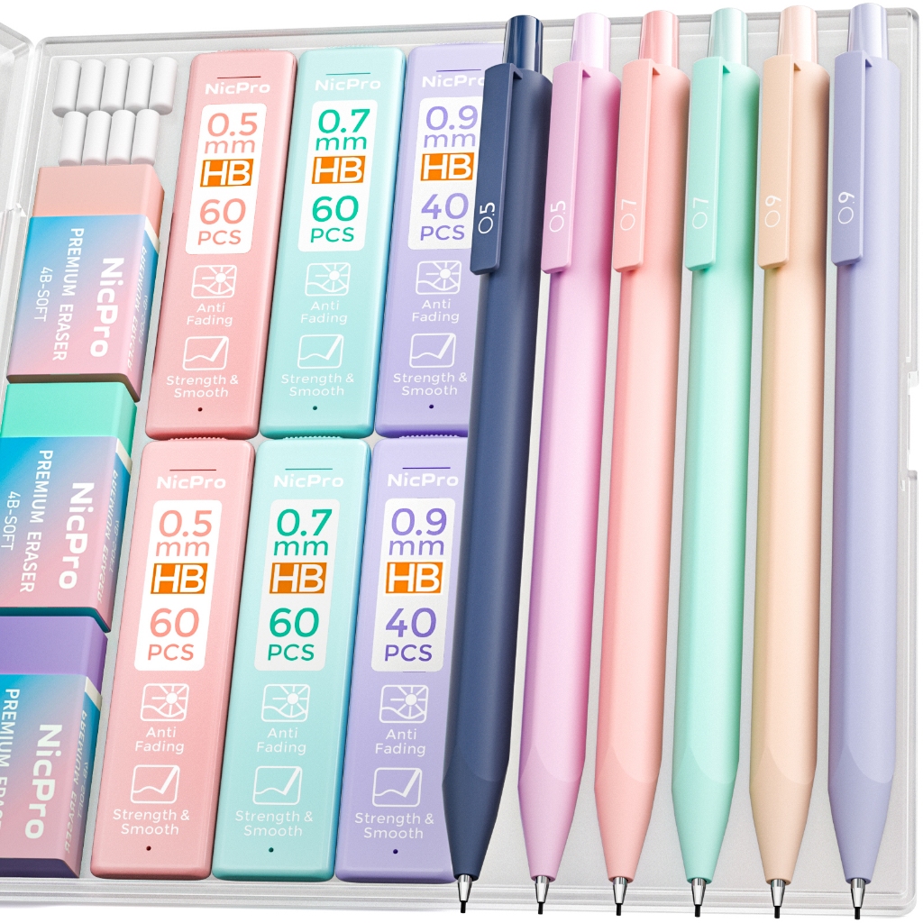 Bộ bút chì cơ khí Nicpro 6 CÁI có hộp đựng, bút chì soạn thảo dễ thương 0,5 mm & 0,7 mm & 0,9 mm với 6 ống nạp chì HB, tẩy, tẩy tẩy, đồ dùng học tập thẩm mỹ