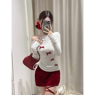 [BANKO] Áo thun dài tay hở nơ trắng mùa thu Hàn Quốc dành cho nữ