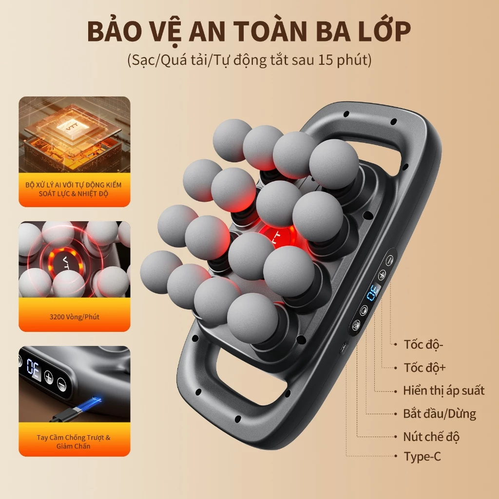 MÁY MASSAGE VTT 16 Đầu Máy mát xa Giảm Đau Cơ Sâu, Động Cơ êm 45dB, Thời Lượng Pin Dài | Chính Hãng