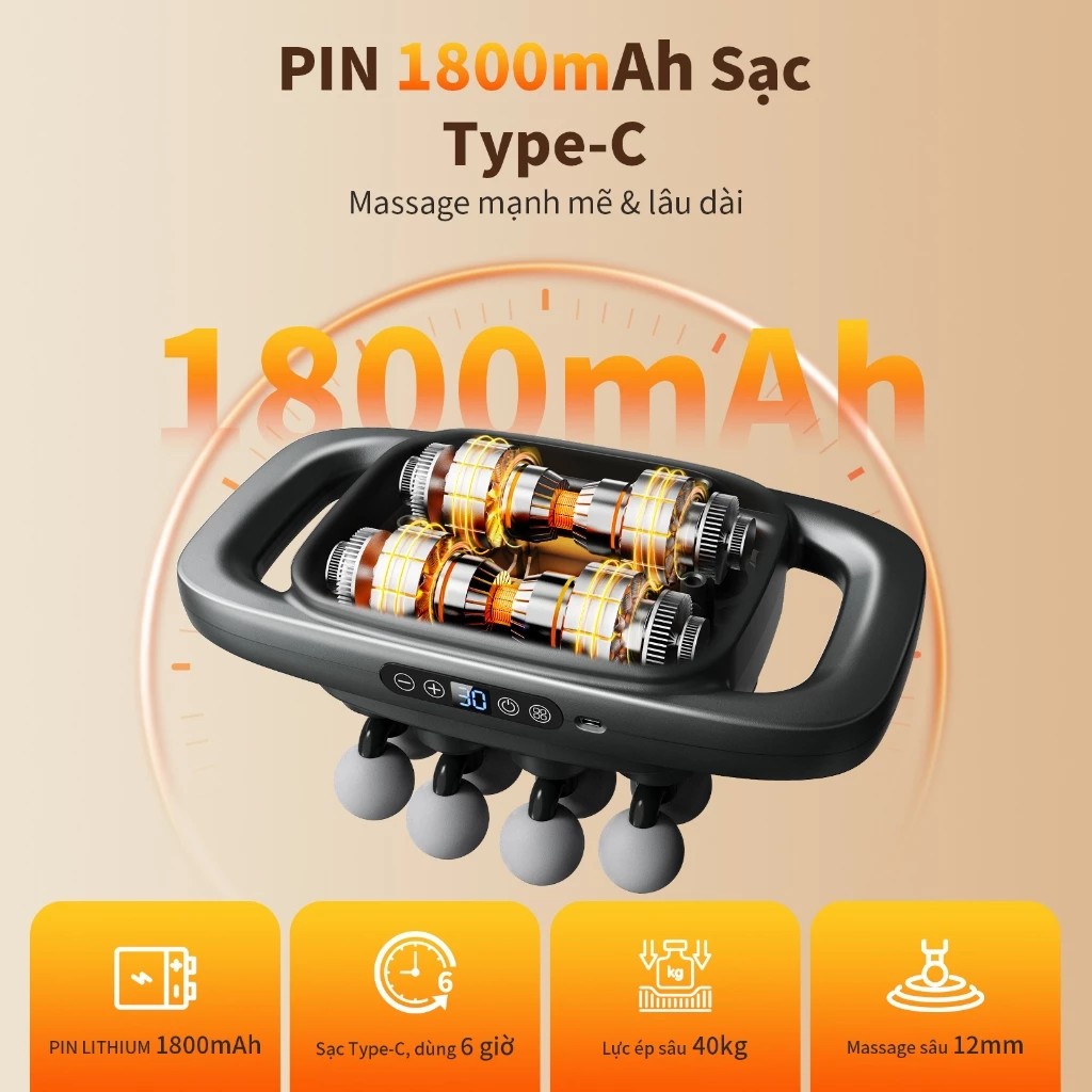 MÁY MASSAGE VTT 16 Đầu Máy mát xa Giảm Đau Cơ Sâu, Động Cơ êm 45dB, Thời Lượng Pin Dài | Chính Hãng