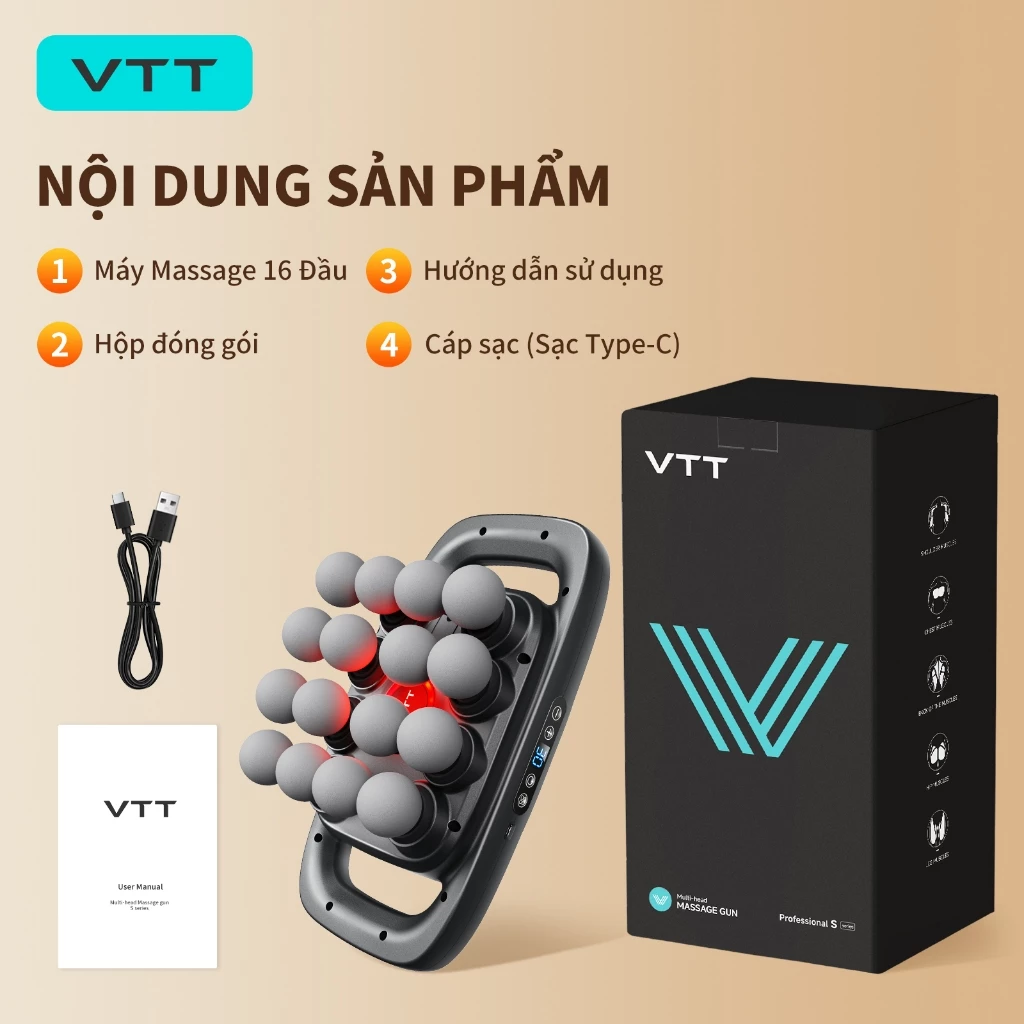 MÁY MASSAGE VTT 16 Đầu Máy mát xa Giảm Đau Cơ Sâu, Động Cơ êm 45dB, Thời Lượng Pin Dài | Chính Hãng