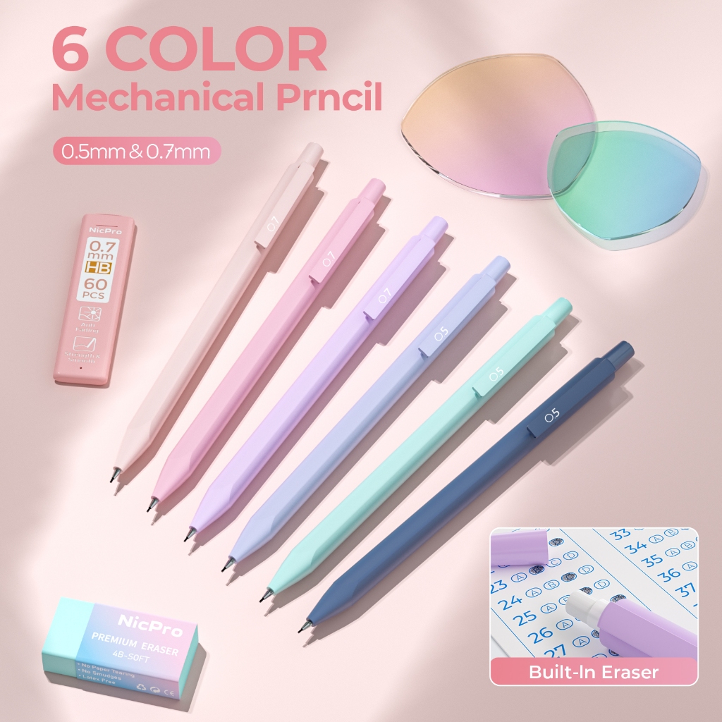 Nicpro 39 đồ dùng học tập thẩm mỹ kèm hộp đựng, bút chì hồng dễ thương, 12 bút dạ pastel, 5 bút mực đen khô nhanh, 6 bút chì cơ 0.5 & 0.7 mm, phù hợp học sinh