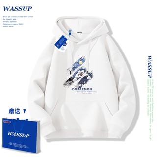Áo hoodie WASSUP, áo hoodie có mũ hình Doraemon, 100% cotton, dáng rộng, unisex