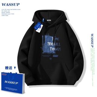 Áo hoodie WASSUP, áo hoodie có mũ với họa tiết chữ thời trang, 100% cotton, dáng rộng, unisex