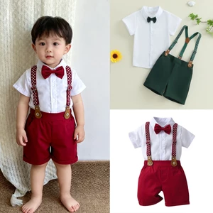 Bộ quần áo bé trai 6 tháng-5 tuổi Áo sơ mi ngắn tay có thắt nơ + Quần Short tổng thể cho năm mới Giáng sinh