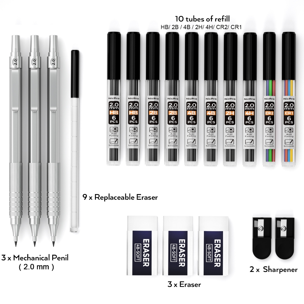 Bộ bút chì cơ khí Nicpro 2.0 kèm hộp đựng, 3 giá đỡ chì 2mm (HB 2H 4H 2B 4B) 10 ống, tẩy, gọt, màu cho vẽ nghệ thuật
