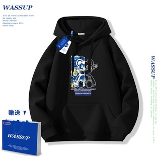 Áo hoodie WASSUP, áo hoodie có mũ với họa tiết gấu, 100% cotton, dáng rộng, unisex