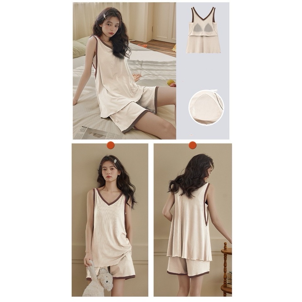 【Lụa + Có miếng lót ngực】Bộ đồ ngủ mùa hè bán chạy – Áo không tay + quần short – Rộng rãi, mát lạnh – Đồ mặc nhà / đồ ngủ nữ