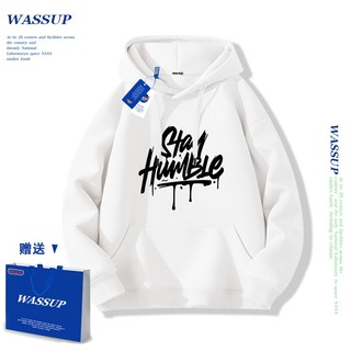 Áo hoodie WASSUP, áo hoodie có mũ với họa tiết chữ thời trang, 100% cotton, dáng rộng, unisex