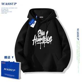 Áo hoodie WASSUP, áo hoodie có mũ với họa tiết chữ thời trang, 100% cotton, dáng rộng, unisex