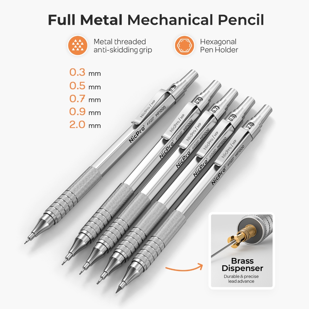 Bộ bút chì cơ khí kim loại Nicpro, 5 bút chì soạn thảo nghệ thuật 0,3, 0,5, 0,7, 0,9 mm & 2 mm Giá đỡ chì than chì để vẽ phác thảo với 9 ống (4B 2B HB 2H Màu) Nạp chì