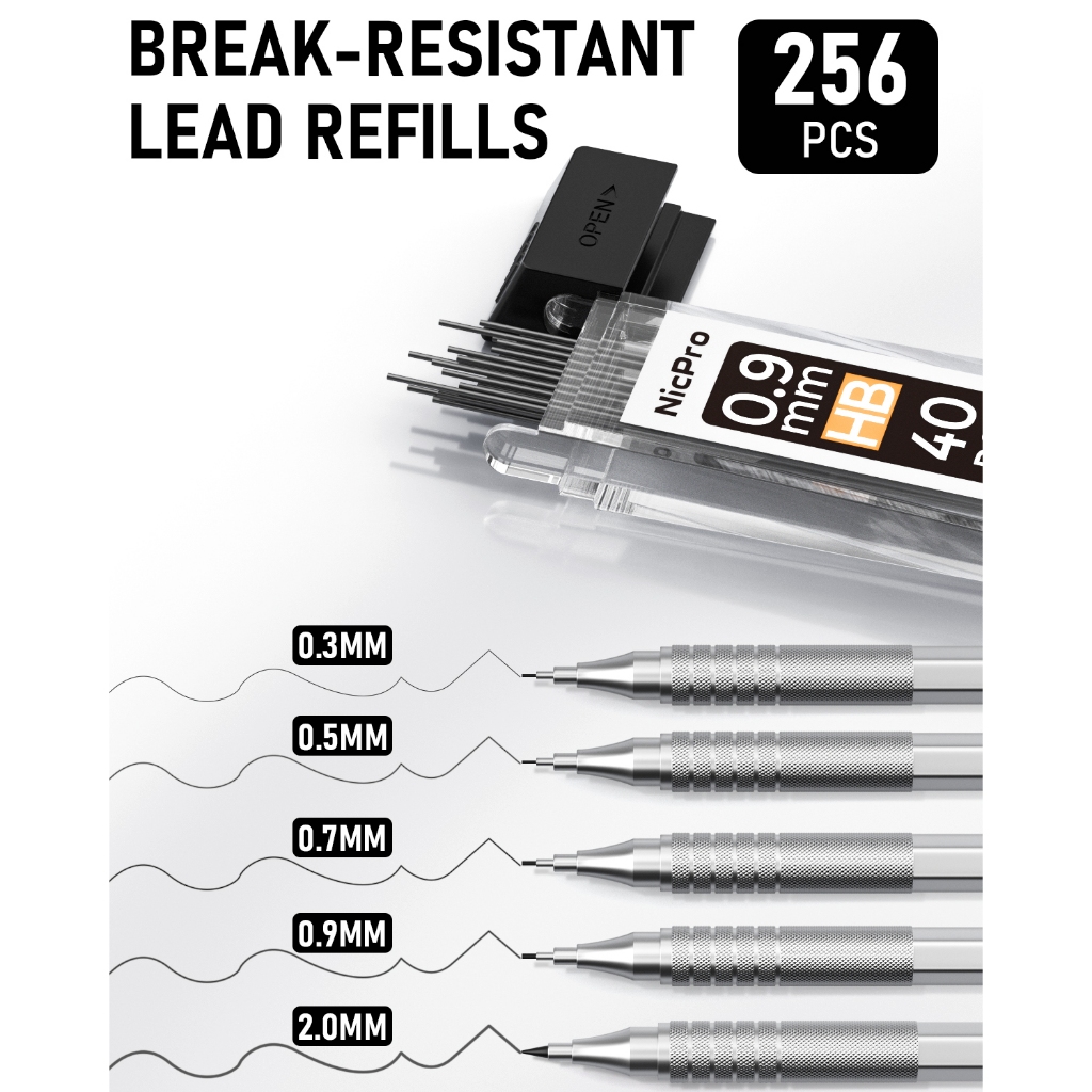 Bộ bút chì cơ khí kim loại Nicpro, 5 bút chì soạn thảo nghệ thuật 0,3, 0,5, 0,7, 0,9 mm & 2 mm Giá đỡ chì than chì để vẽ phác thảo với 9 ống (4B 2B HB 2H Màu) Nạp chì