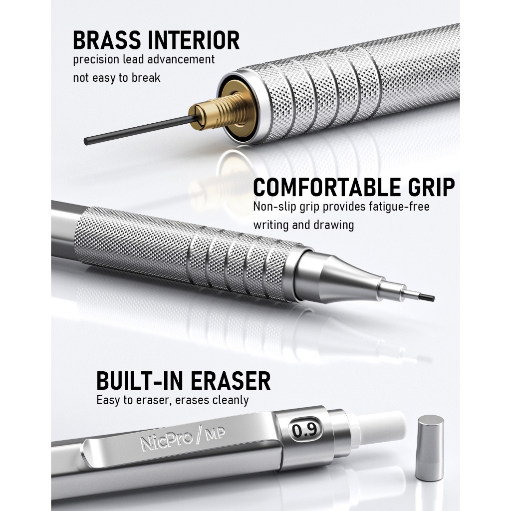 Bộ bút chì cơ khí kim loại Nicpro, 5 bút chì soạn thảo nghệ thuật 0,3, 0,5, 0,7, 0,9 mm & 2 mm Giá đỡ chì than chì để vẽ phác thảo với 9 ống (4B 2B HB 2H Màu) Nạp chì