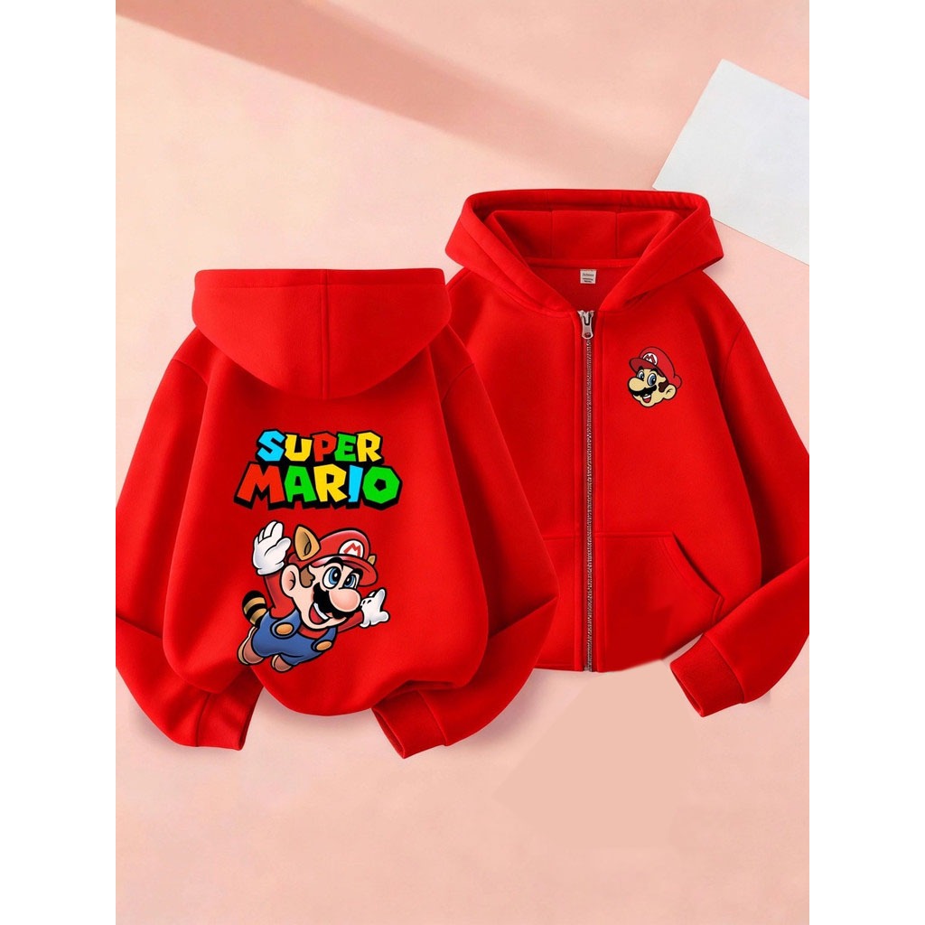 Super Mario Anime Họa Tiết In Trẻ Em Zip-Up Áo Khoác Nhẹ Thường Ngày Dạo Phố Top