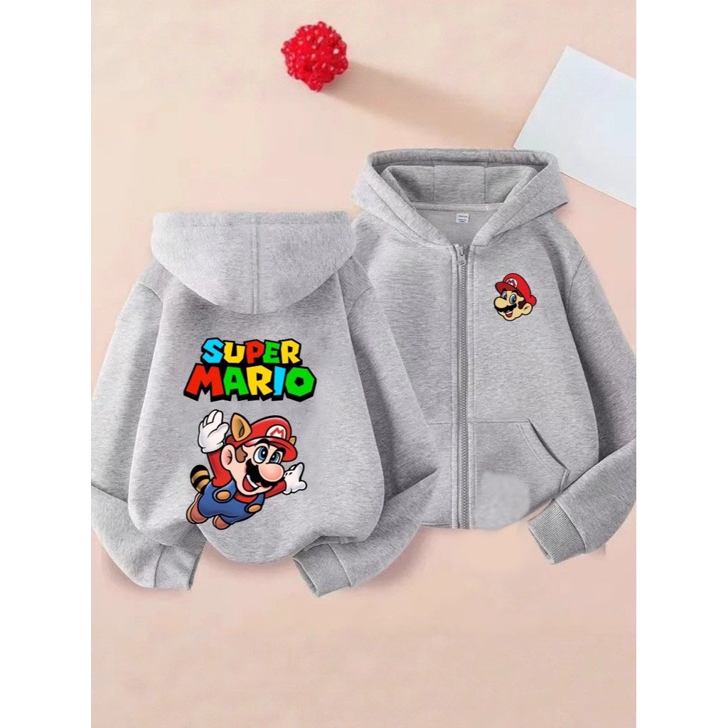 Super Mario Anime Họa Tiết In Trẻ Em Zip-Up Áo Khoác Nhẹ Thường Ngày Dạo Phố Top