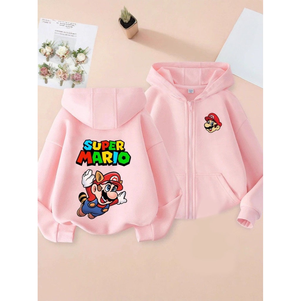 Super Mario Anime Họa Tiết In Trẻ Em Zip-Up Áo Khoác Nhẹ Thường Ngày Dạo Phố Top