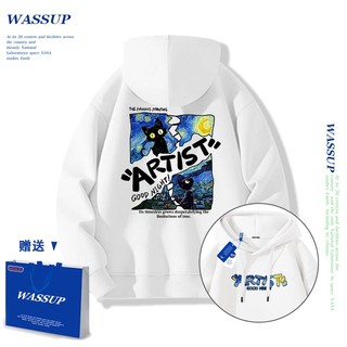 Áo hoodie WASSUP, áo hoodie có mũ với họa tiết mèo sao, 100% cotton, dáng rộng, unisex