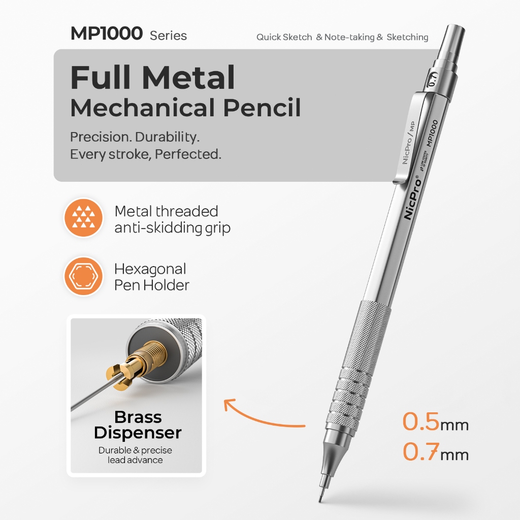 Nicpro 2 Chiếc Bút Chì Cơ 0.5mm & 0.7 mm Có Vỏ, Bộ Bút Chì Nghệ Sĩ Kim Loại MP1000 Với 4 Ống HB Chì Refills, 2 Tẩy, 9 Tẩy Đổ Lại Để Viết Nghệ Thuật Soạn Thảo, Vẽ,