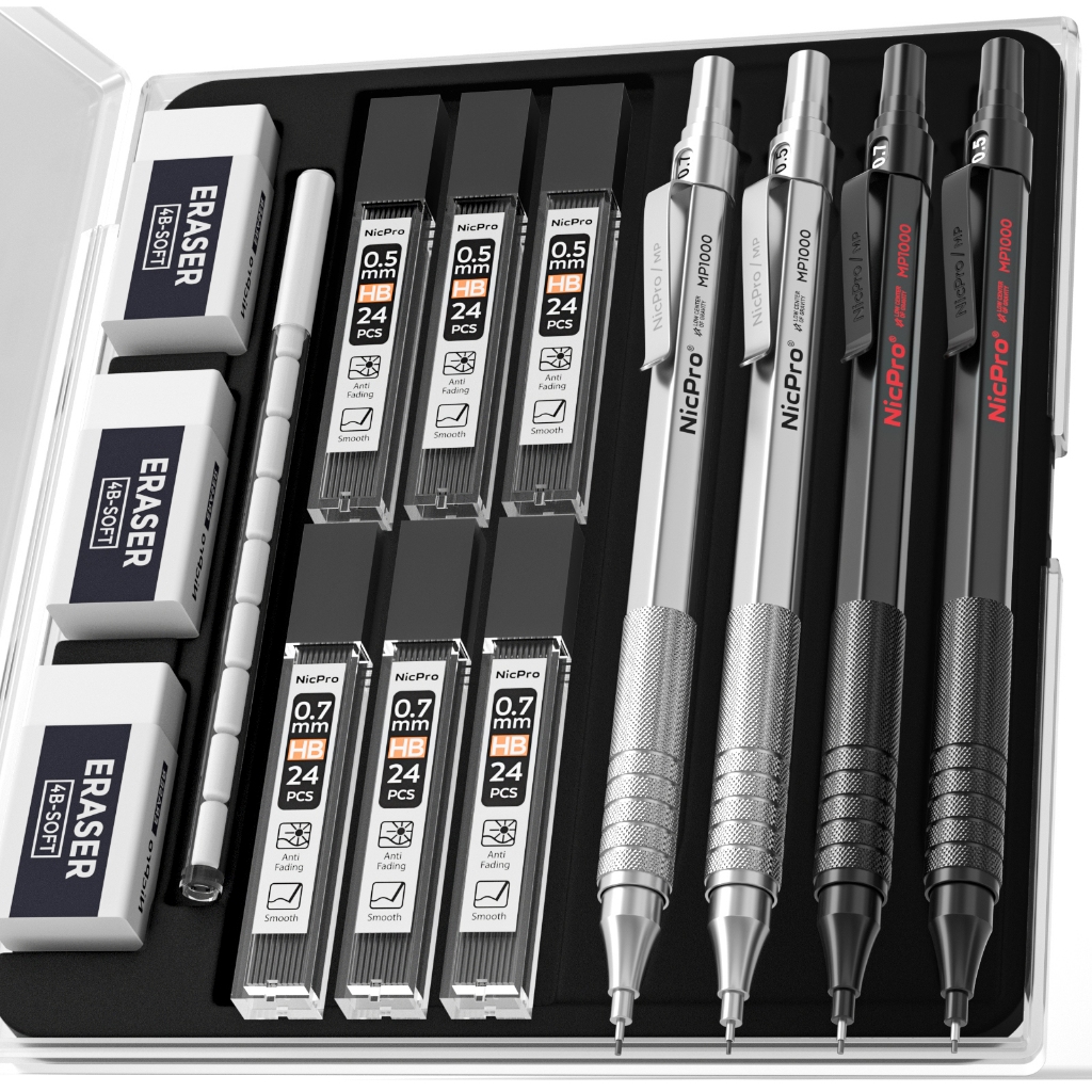 Bộ bút chì cơ khí kim loại 4 gói Nicpro 0,5 mm & 0,7mm có hộp đựng, Bút chì nghệ sĩ MP1000 với 6 ống nạp chì HB, 3 tẩy, 9 tẩy để vẽ phác thảo nghệ thuật