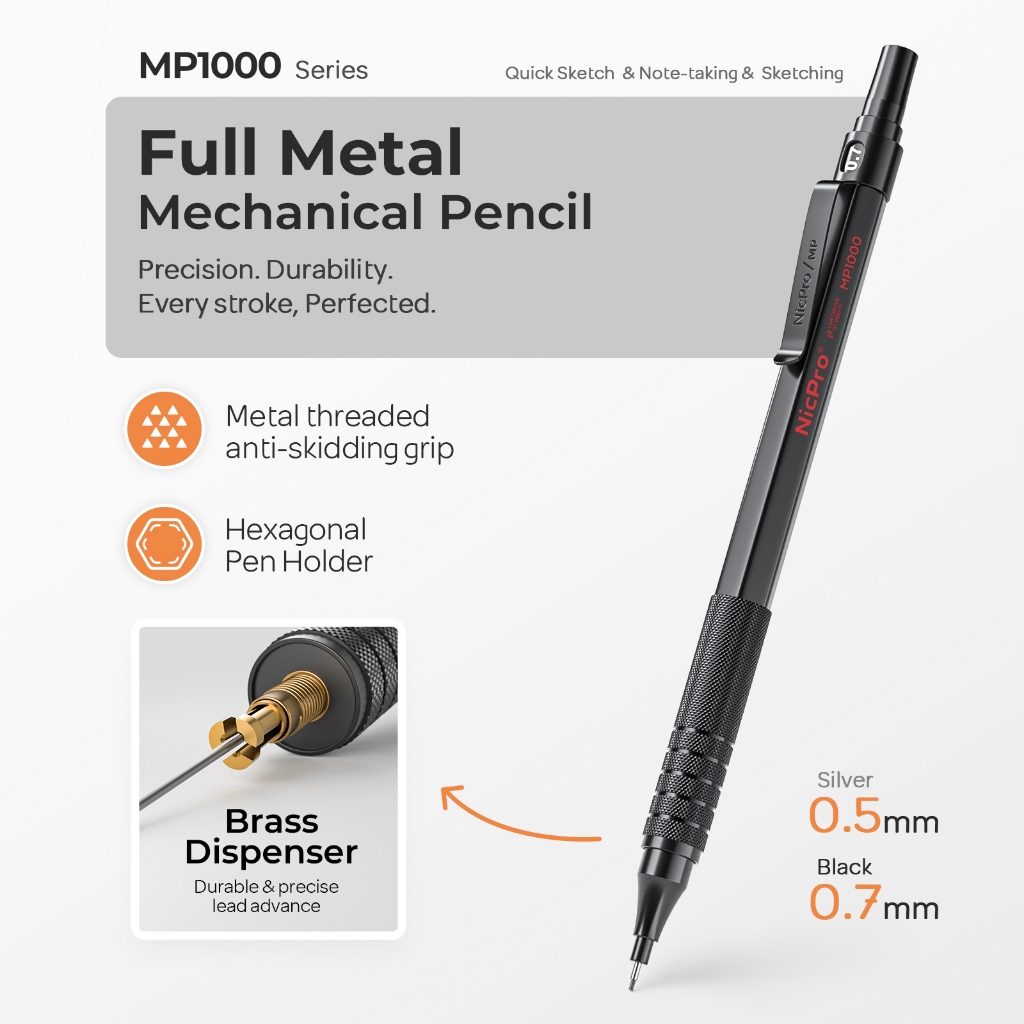Nicpro 2 Bút Chì Cơ Khí 0.5mm & 0.7 mm Có Vỏ, Bộ Bút Chì Nghệ Sĩ Kim Loại MP1000 Với 6 Ống HB Chì Refills, 3 Tẩy, 9 Tẩy Refills Cho Nghệ Thuật Viết Soạn Thảo Vẽ