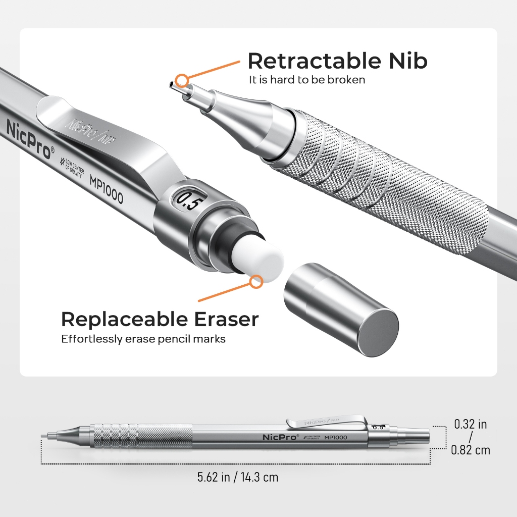 Nicpro 2 Bút Chì Cơ Khí 0.5mm & 0.7 mm Có Vỏ, Bộ Bút Chì Nghệ Sĩ Kim Loại MP1000 Với 6 Ống HB Chì Refills, 3 Tẩy, 9 Tẩy Refills Cho Nghệ Thuật Viết Soạn Thảo Vẽ