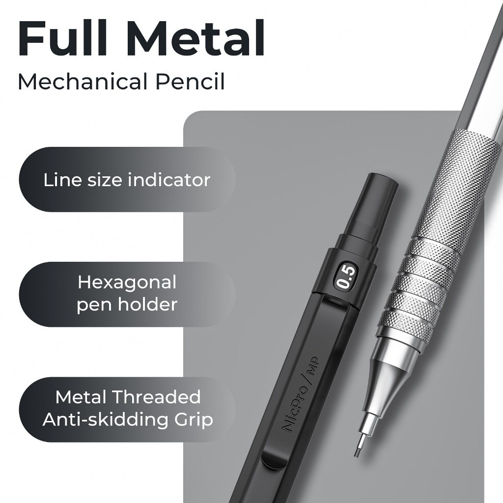 Bộ bút chì cơ khí kim loại 4 gói Nicpro 0,5 mm & 0,7mm có hộp đựng, Bút chì nghệ sĩ MP1000 với 6 ống nạp chì HB, 3 tẩy, 9 tẩy để vẽ phác thảo nghệ thuật