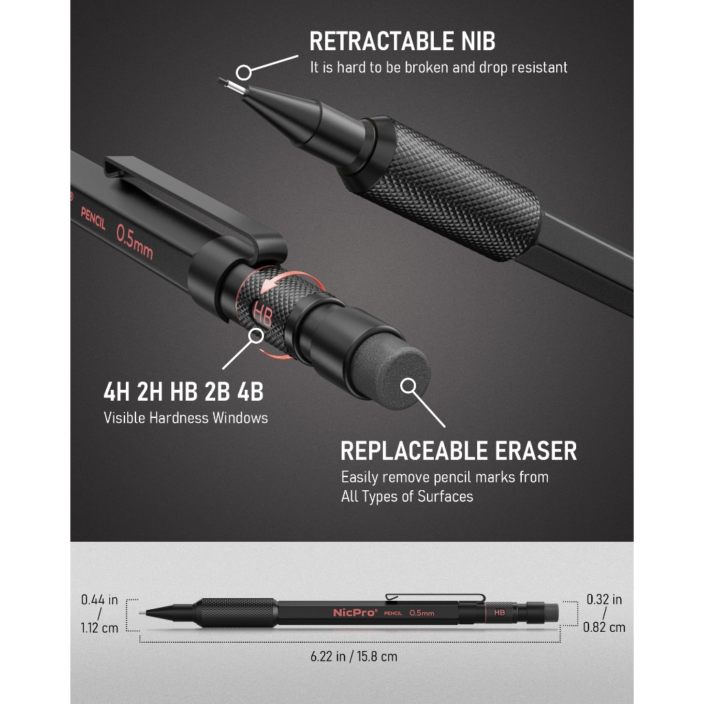 Bộ bút chì cơ khí Nicpro 0,5 / 0,7 / 0,9mm có hộp đựng, Bút chì cơ nghệ sĩ kim loại MP2000 với 6 ống HB nạp chì, tẩy, thùng chịu thời tiết để soạn thảo