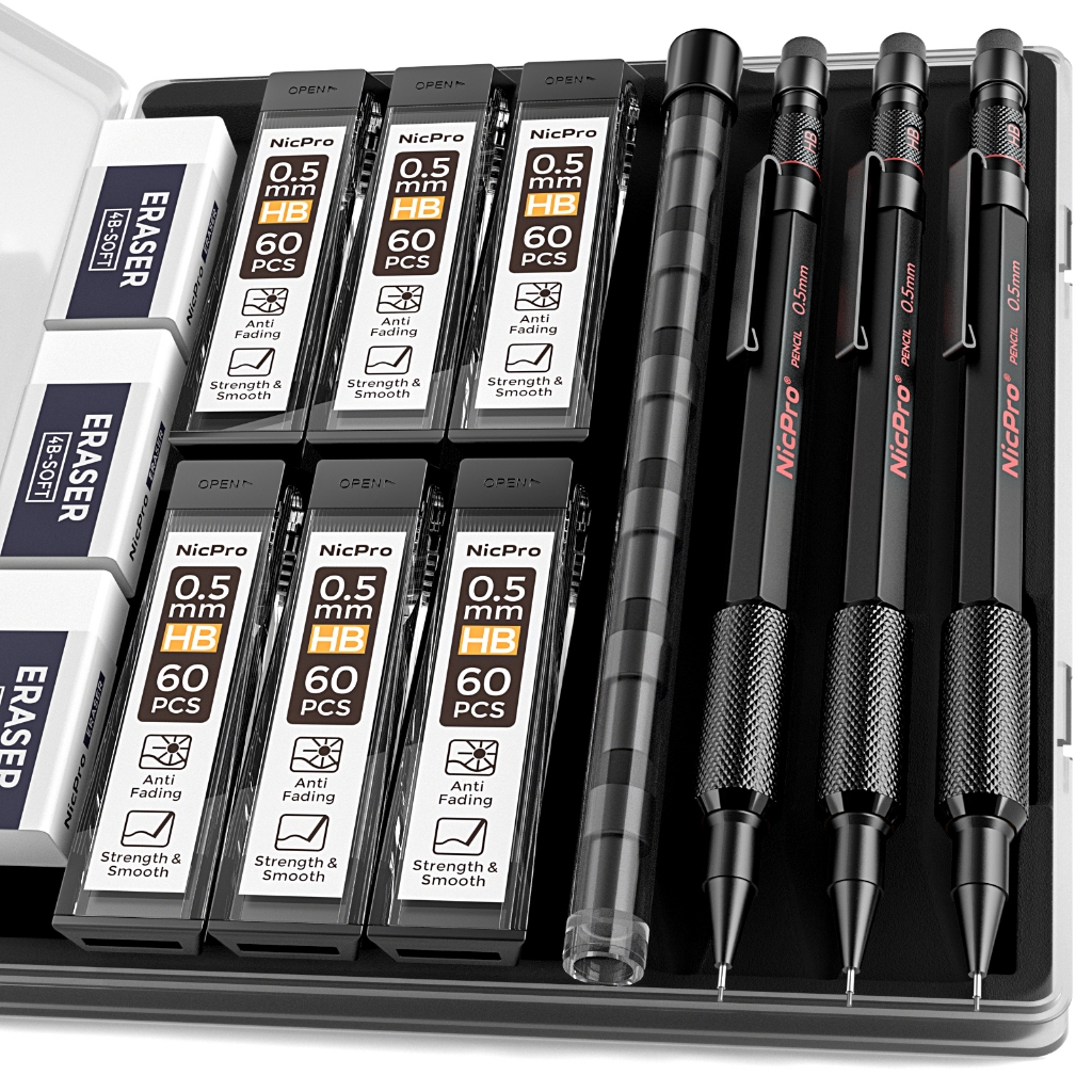 Bộ bút chì cơ khí Nicpro 0,5 / 0,7 / 0,9mm có hộp đựng, Bút chì cơ nghệ sĩ kim loại MP2000 với 6 ống HB nạp chì, tẩy, thùng chịu thời tiết để soạn thảo