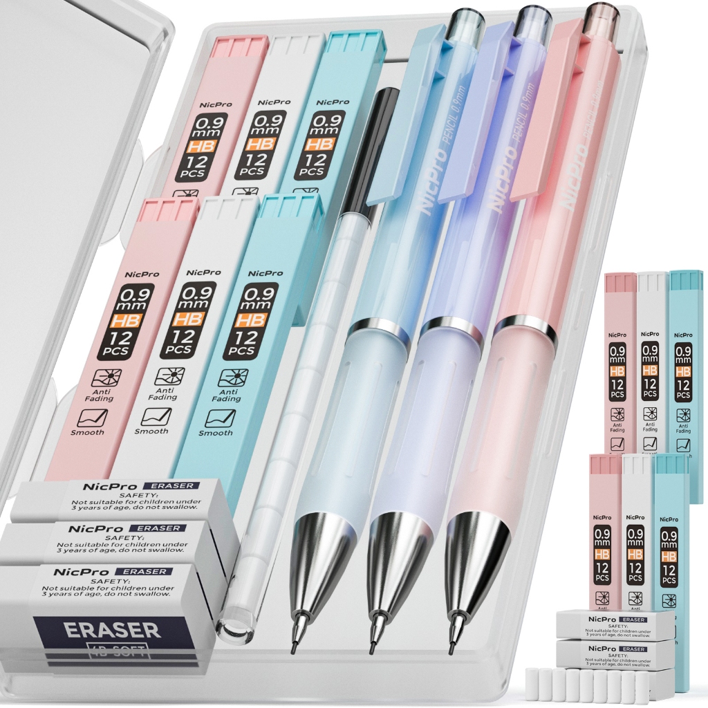 Nicpro 3 Bộ Bút Chì Cơ Pastel, Bút Chì Cơ 05 / 0.9mm Với 6 Ống HB Chì 0.5 / 0.9mm, Tẩy 3 CÁI & 9 CÁI Tẩy Đổ Lại, Đồ Dùng Học Tập Dễ Thương Để Viết, Phác Thảo