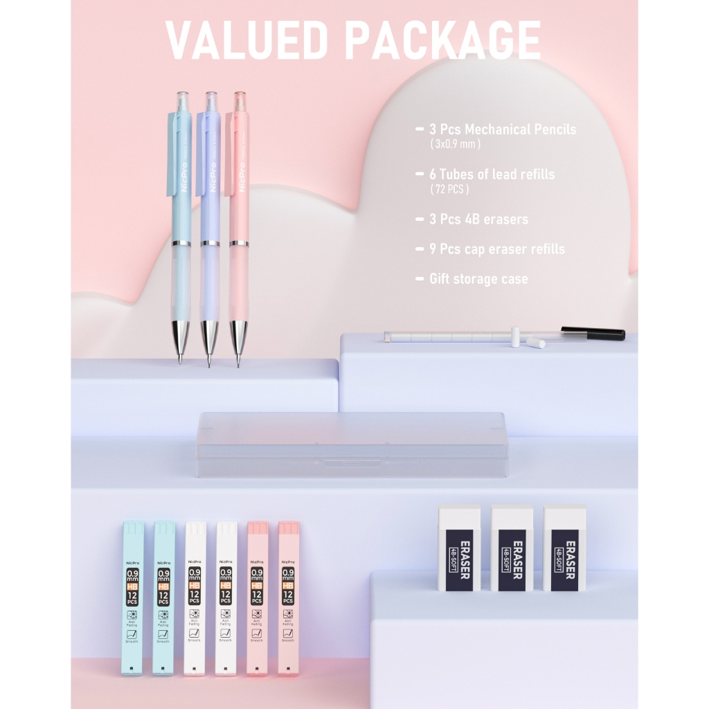 Nicpro 3 Bộ Bút Chì Cơ Pastel, Bút Chì Cơ 05 / 0.9mm Với 6 Ống HB Chì 0.5 / 0.9mm, Tẩy 3 CÁI & 9 CÁI Tẩy Đổ Lại, Đồ Dùng Học Tập Dễ Thương Để Viết, Phác Thảo