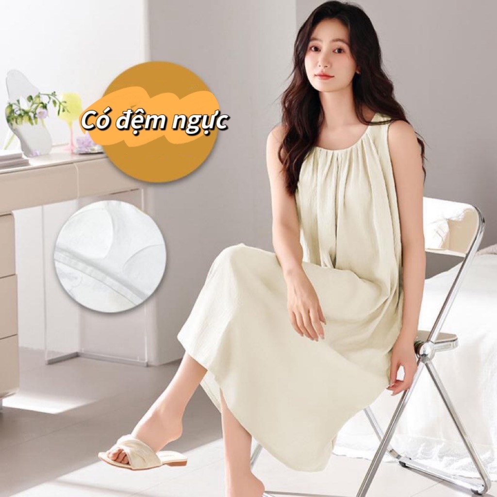 【Có độn ngực】Đầm ngủ nữ mới xuân hè 2026: Dáng không tay đơn giản thanh lịch, chất cotton mềm mại thoáng mát, thiết kế rộng rãi thoải mái【mặc nhà hay đi chơi đều đẹp】