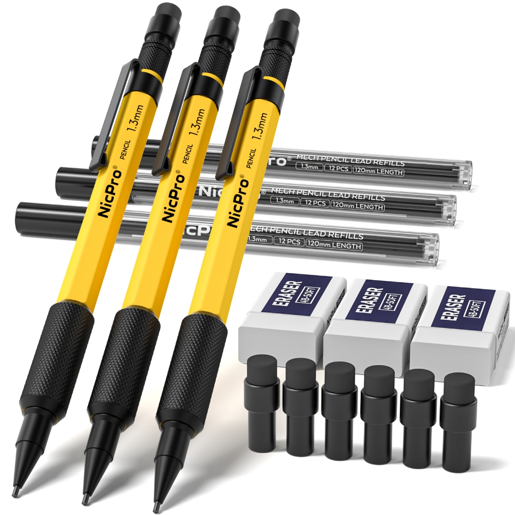 Bộ bút chì cơ khí màu cam Nicpro 3 chiếc 1,3 mm với 66 lần nạp chì, 3 tẩy - Thùng kim loại chịu thời tiết, Bút chì thợ mộc hạng nặng MP2000 để vẽ phác thảo đánh dấu ngoài trời