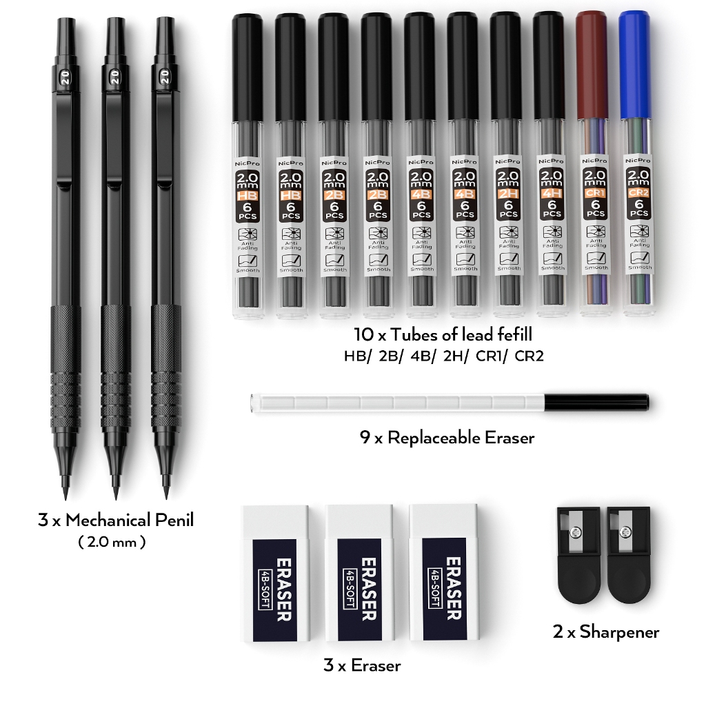 Bộ bút chì cơ khí Nicpro Black Metal 2.0 kèm hộp đựng, giá đỡ, 3 bút, nạp chì 2mm (HB 2H 4H 2B 4B) + mài, tẩy, dùng cho nghệ sĩ