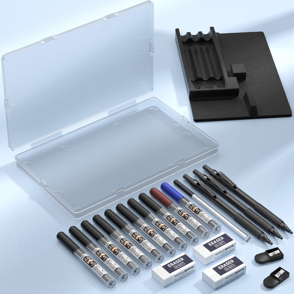 Bộ bút chì cơ khí Nicpro Black Metal 2.0 kèm hộp đựng, giá đỡ, 3 bút, nạp chì 2mm (HB 2H 4H 2B 4B) + mài, tẩy, dùng cho nghệ sĩ