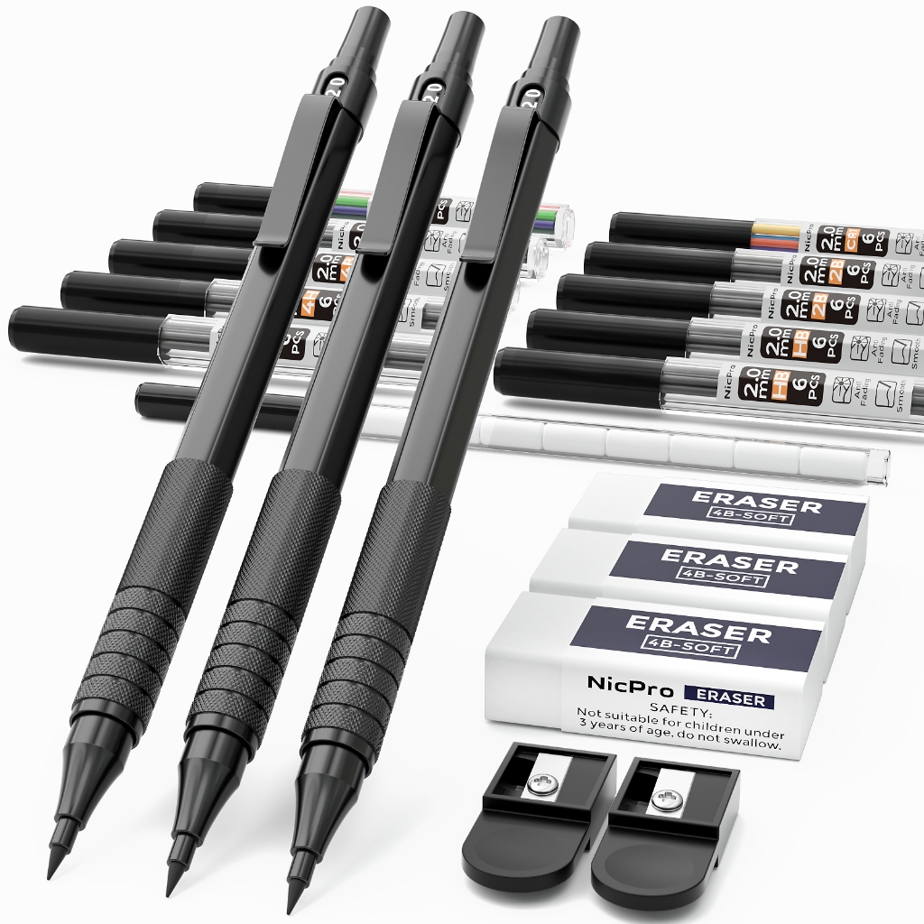 Bộ bút chì cơ khí Nicpro Black Metal 2.0 kèm hộp đựng, giá đỡ, 3 bút, nạp chì 2mm (HB 2H 4H 2B 4B) + mài, tẩy, dùng cho nghệ sĩ
