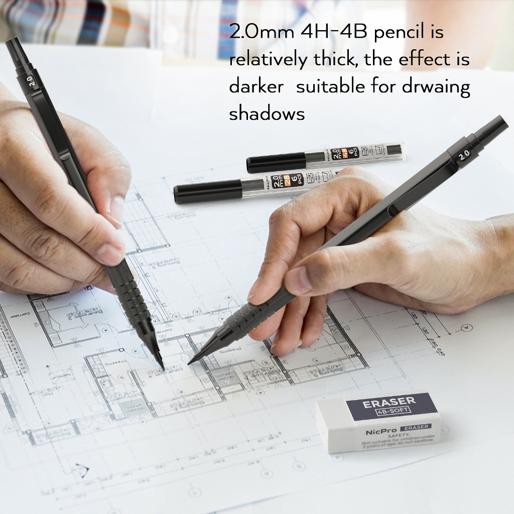 Bộ bút chì cơ khí Nicpro Black Metal 2.0 kèm hộp đựng, giá đỡ, 3 bút, nạp chì 2mm (HB 2H 4H 2B 4B) + mài, tẩy, dùng cho nghệ sĩ