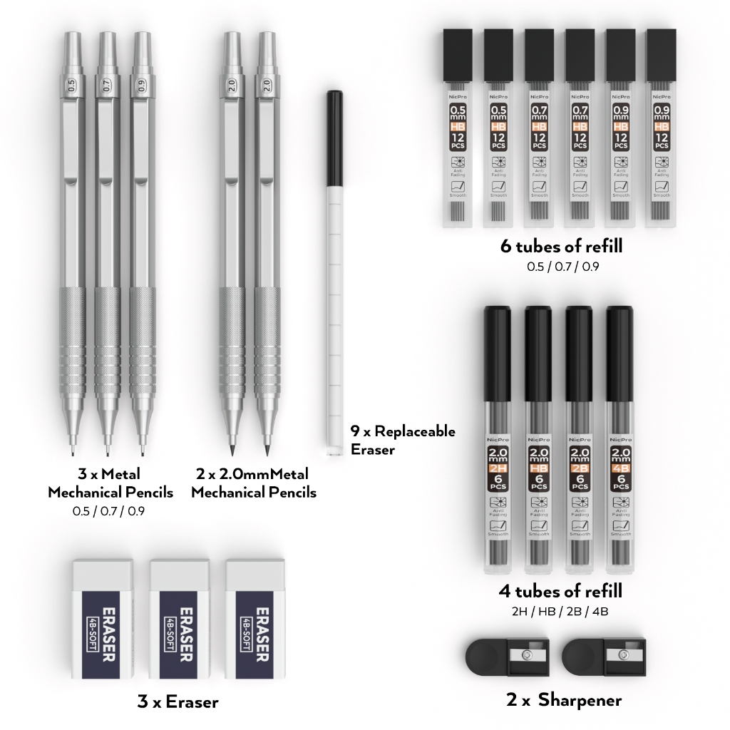 Bộ bút chì cơ khí kim loại Nicpro 22 CÁI, bút chì soạn thảo nghệ thuật 0,5, 0,7, 0,9 mm & 2 CÁI Bút chì vẽ cơ khí 2 mm với 356 chiếc chì (4B 2B HB 2H màu) để vẽ Wr