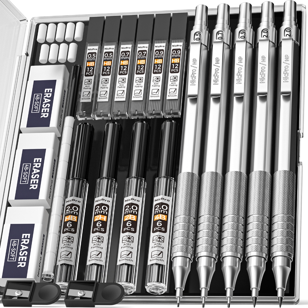 Bộ bút chì cơ khí kim loại Nicpro 22 CÁI, bút chì soạn thảo nghệ thuật 0,5, 0,7, 0,9 mm & 2 CÁI Bút chì vẽ cơ khí 2 mm với 356 chiếc chì (4B 2B HB 2H màu) để vẽ Wr