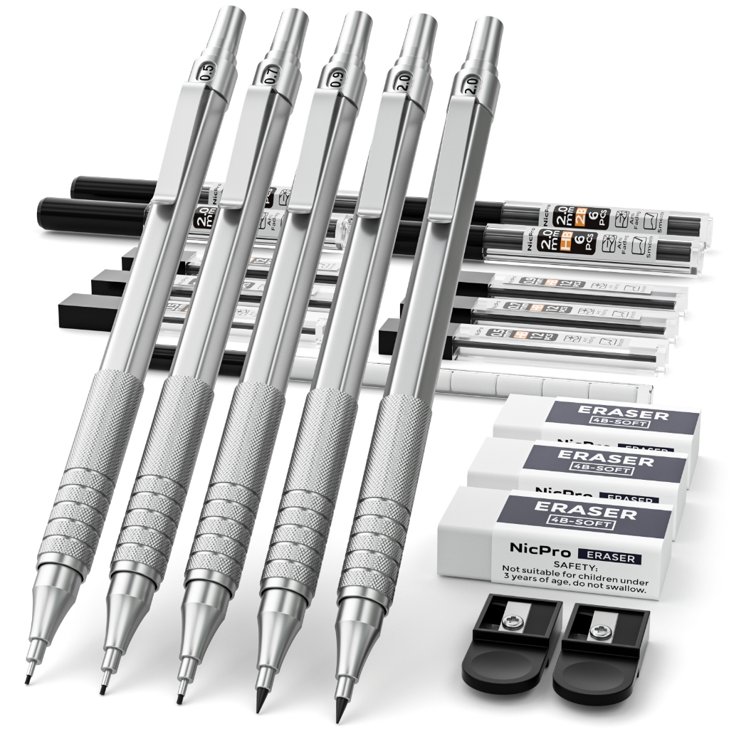 Bộ bút chì cơ khí kim loại Nicpro 22 CÁI, bút chì soạn thảo nghệ thuật 0,5, 0,7, 0,9 mm & 2 CÁI Bút chì vẽ cơ khí 2 mm với 356 chiếc chì (4B 2B HB 2H màu) để vẽ Wr