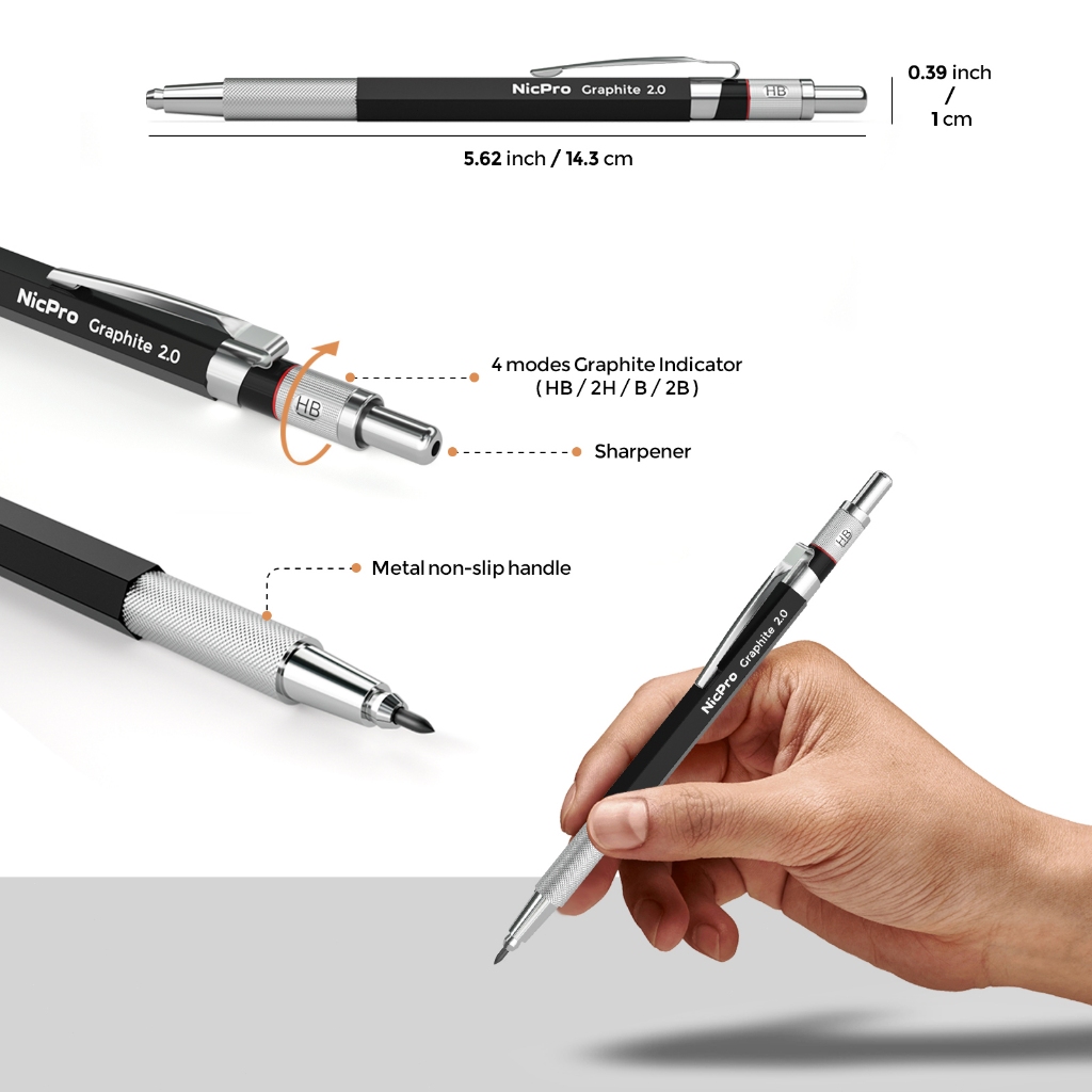 Bộ bút chì cơ khí Nicpro 2.0 mm kèm hộp kim loại, 60 ruột HB/2H/4H/2B/4B, tẩy, gọt cho vẽ bản nháp, vẽ nghệ thuật