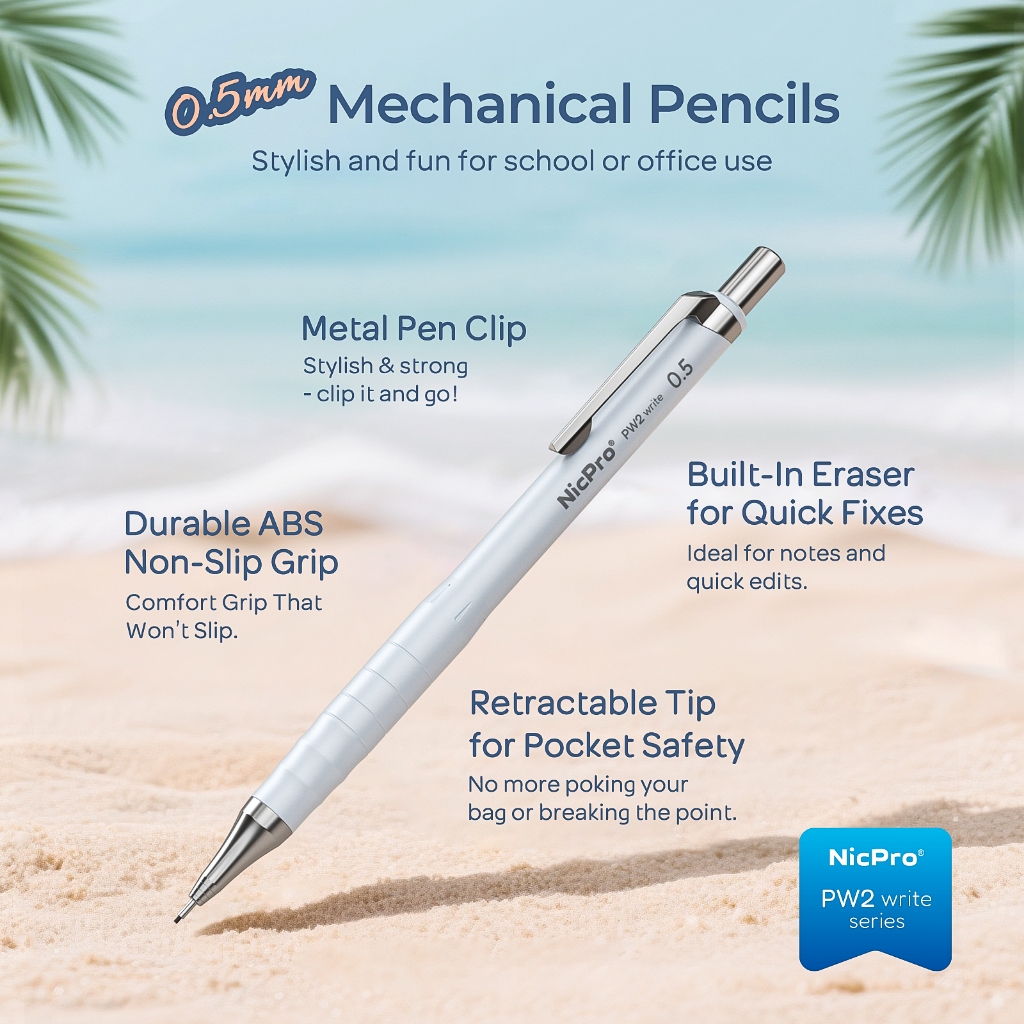Bộ bút chì cơ khí dễ thương Nicpro: 4 bút 0,5/0,7mm kèm 4 ống chì HB, tẩy 4B, tẩy có thể thu vào, dùng để viết/phác thảo