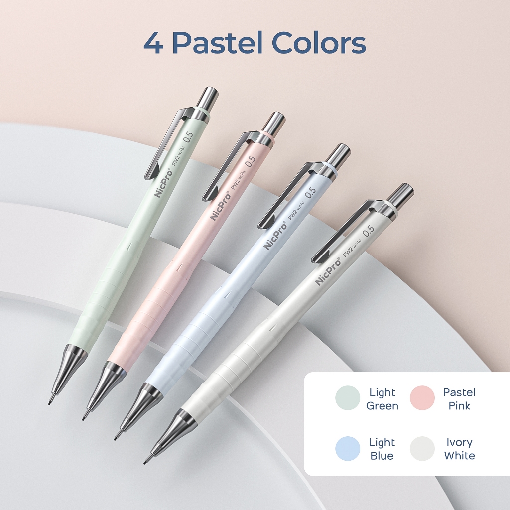 Bộ bút chì cơ khí dễ thương Nicpro: 4 bút 0,5/0,7mm kèm 4 ống chì HB, tẩy 4B, tẩy có thể thu vào, dùng để viết/phác thảo