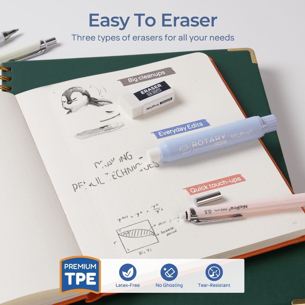 Bộ bút chì cơ khí dễ thương Nicpro: 4 bút 0,5/0,7mm kèm 4 ống chì HB, tẩy 4B, tẩy có thể thu vào, dùng để viết/phác thảo