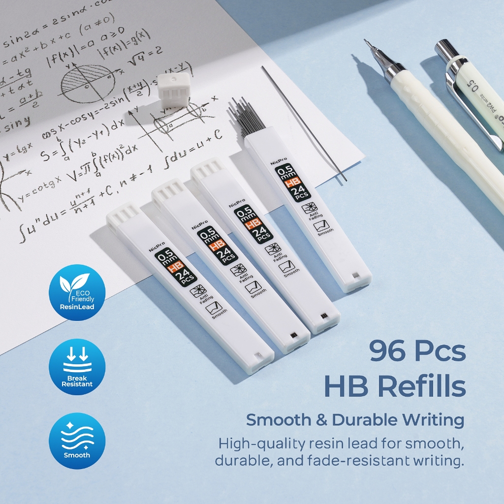 Bộ bút chì cơ khí dễ thương Nicpro: 4 bút 0,5/0,7mm kèm 4 ống chì HB, tẩy 4B, tẩy có thể thu vào, dùng để viết/phác thảo