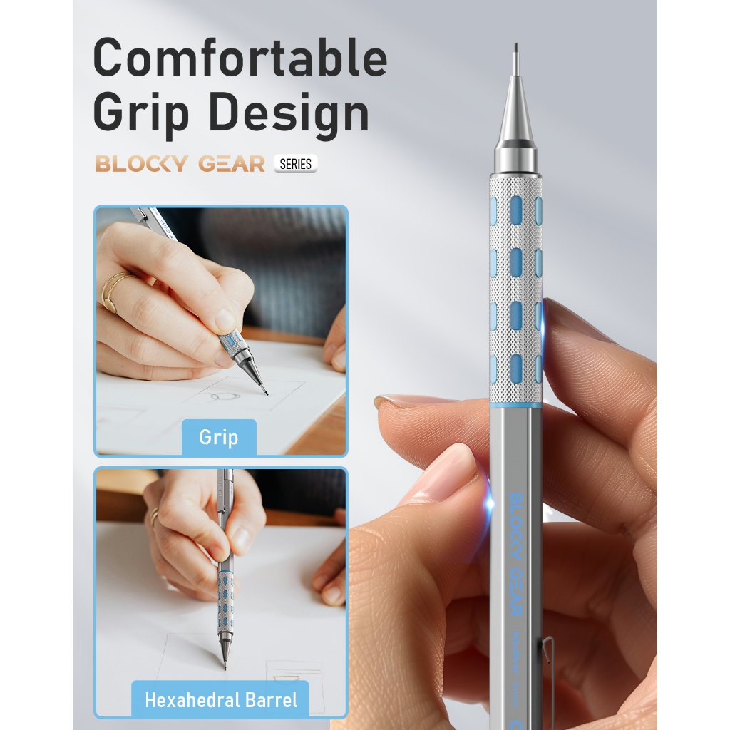 Bộ bút chì cơ khí Nicpro Blocky Gear 0,7 mm, bút chì kim loại có chì nạp lại, tẩy để vẽ soạn thảo nghệ thuật chuyên nghiệp & dành cho người lớn